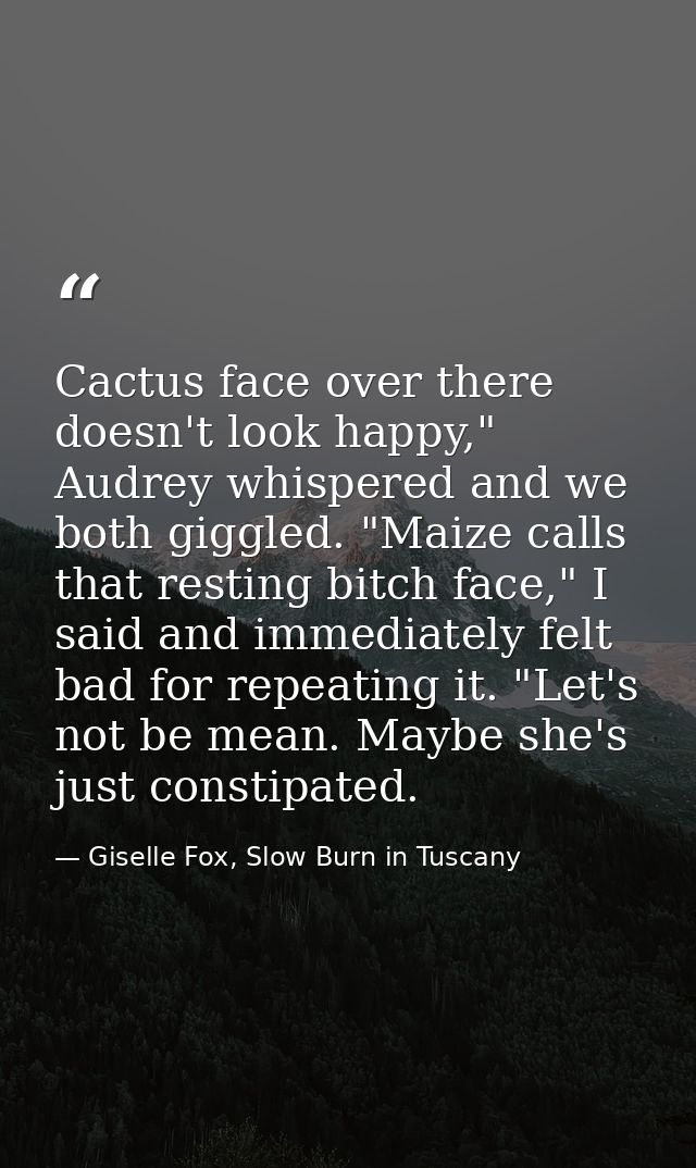 Cactus face over there doesn't look happy," Audrey whispered and we both giggled. "Maize calls that resting bitch face," — Giselle Fox, Slow Burn in Tuscany