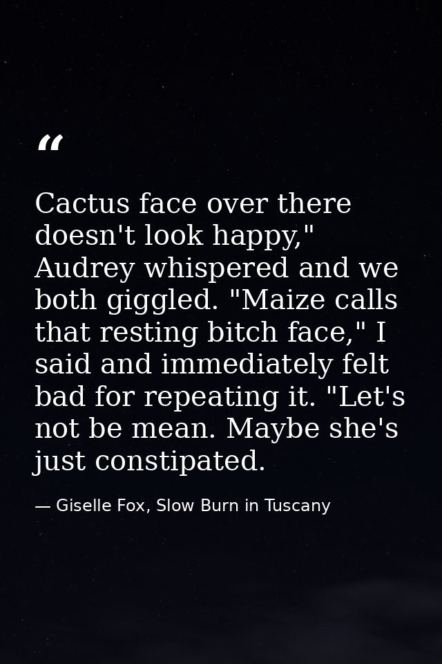 Cactus face over there doesn't look happy," Audrey whispered and we both giggled. "Maize calls that resting bitch face," — Giselle Fox, Slow Burn in Tuscany