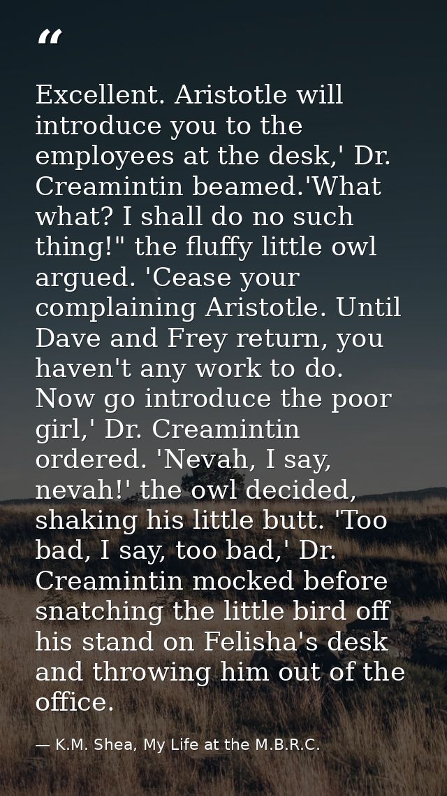Excellent. Aristotle will introduce you to the employees at the desk,' Dr. Creamintin beamed.'What what? I shall do no s — K.M. Shea, My Life at the M.B.R.C.