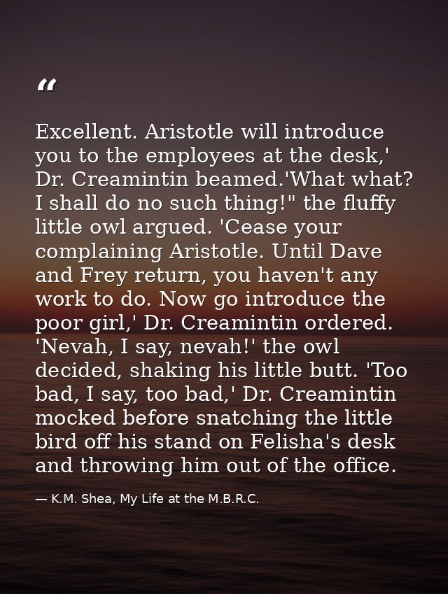 Excellent. Aristotle will introduce you to the employees at the desk,' Dr. Creamintin beamed.'What what? I shall do no s — K.M. Shea, My Life at the M.B.R.C.