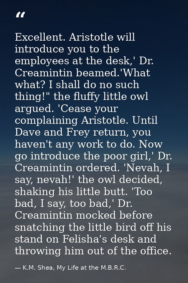 Excellent. Aristotle will introduce you to the employees at the desk,' Dr. Creamintin beamed.'What what? I shall do no s — K.M. Shea, My Life at the M.B.R.C.