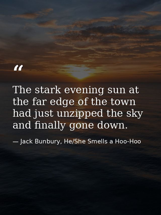 The stark evening sun at the far edge of the town had just unzipped the sky and finally gone down. — Jack Bunbury, He/She Smells a Hoo-Hoo