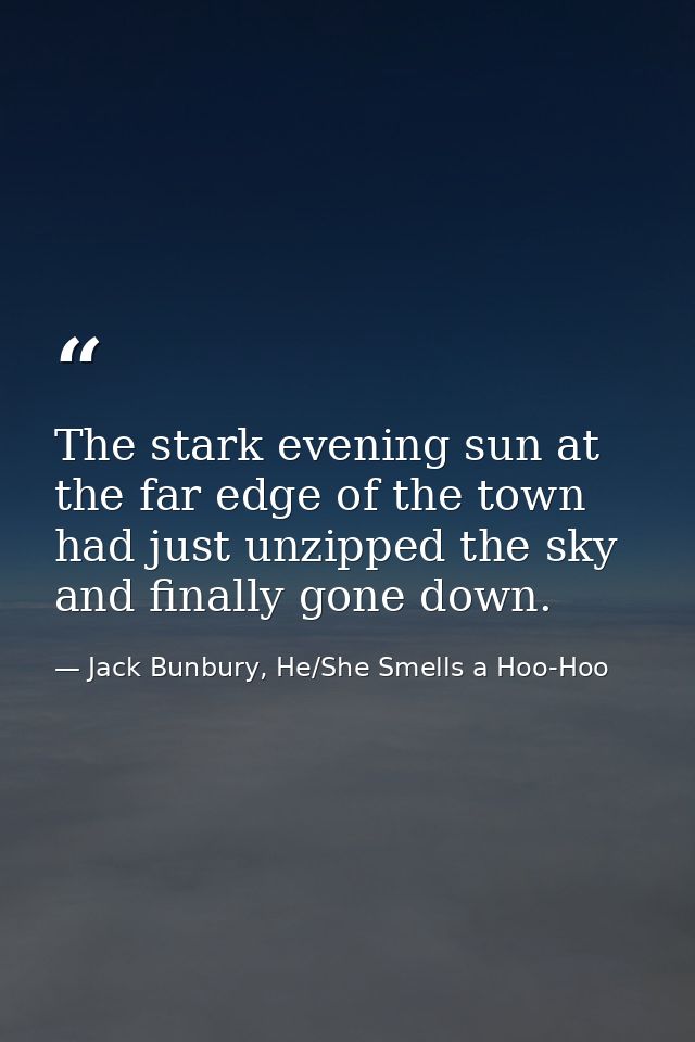 The stark evening sun at the far edge of the town had just unzipped the sky and finally gone down. — Jack Bunbury, He/She Smells a Hoo-Hoo