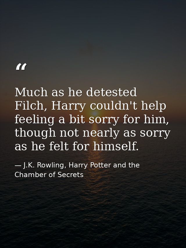 Much as he detested Filch, Harry couldn't help feeling a bit sorry for him, though not nearly as sorry as he felt for hi — J.K. Rowling, Harry Potter and the Chamber of Secrets