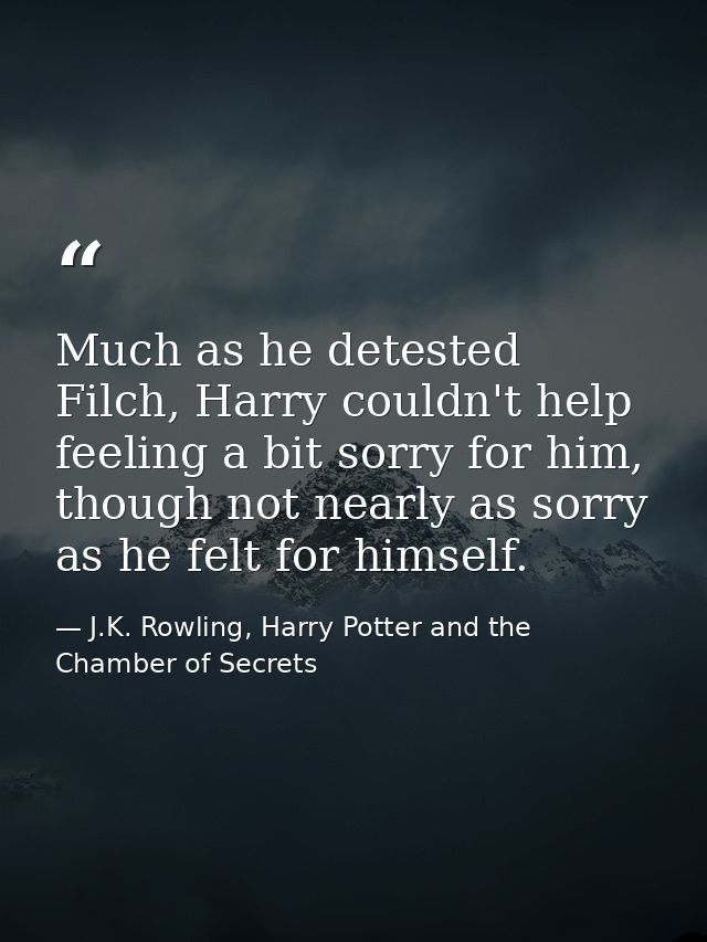 Much as he detested Filch, Harry couldn't help feeling a bit sorry for him, though not nearly as sorry as he felt for hi — J.K. Rowling, Harry Potter and the Chamber of Secrets
