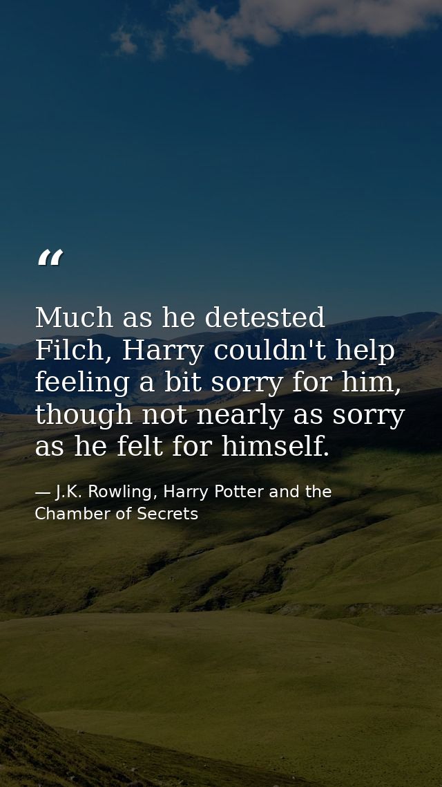 Much as he detested Filch, Harry couldn't help feeling a bit sorry for him, though not nearly as sorry as he felt for hi — J.K. Rowling, Harry Potter and the Chamber of Secrets