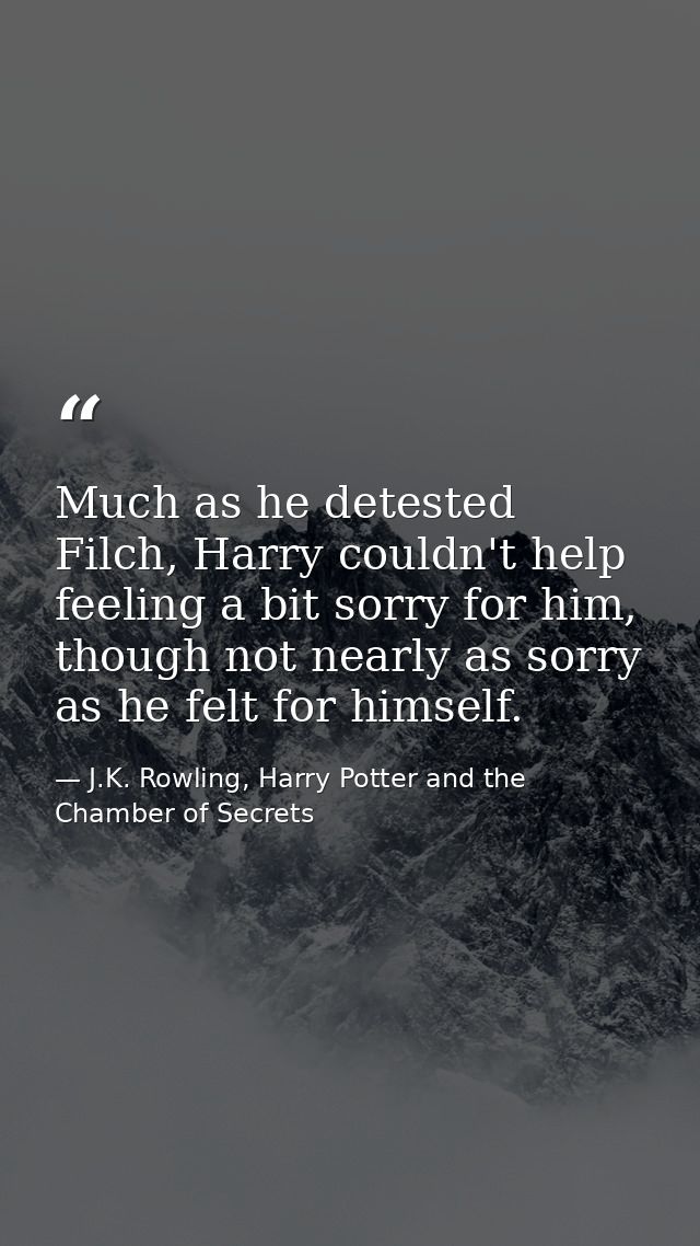 Much as he detested Filch, Harry couldn't help feeling a bit sorry for him, though not nearly as sorry as he felt for hi — J.K. Rowling, Harry Potter and the Chamber of Secrets