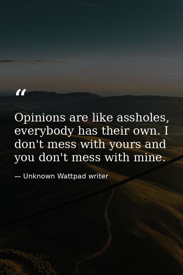 Opinions are like assholes, everybody has their own. I don't mess with yours and you don't mess with mine. — Unknown Wattpad writer