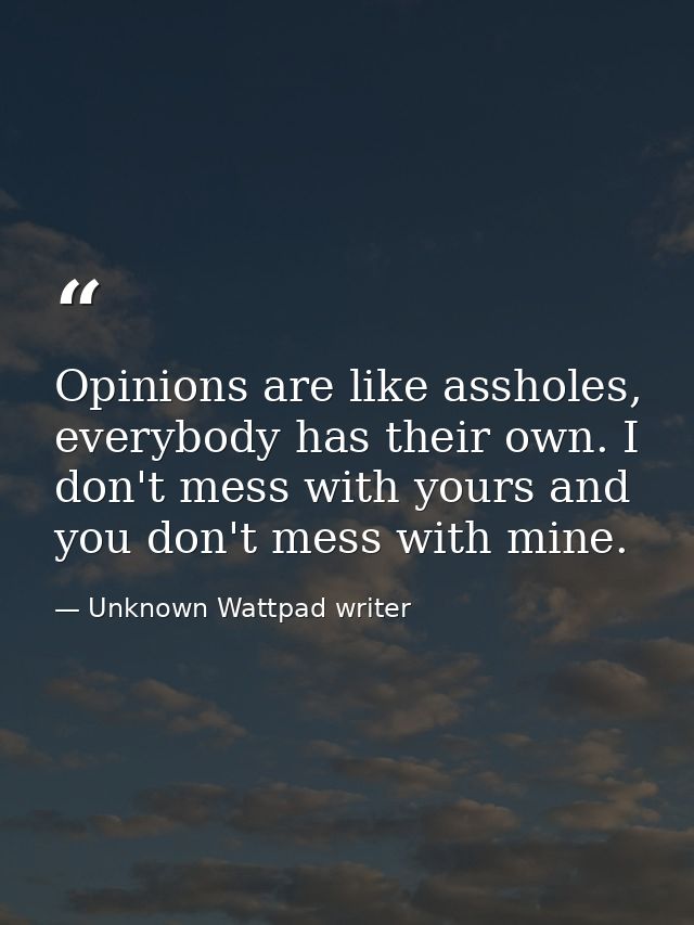 Opinions are like assholes, everybody has their own. I don't mess with yours and you don't mess with mine. — Unknown Wattpad writer