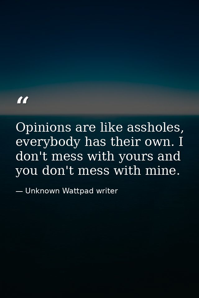 Opinions are like assholes, everybody has their own. I don't mess with yours and you don't mess with mine. — Unknown Wattpad writer