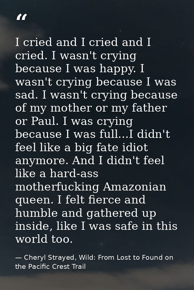 I cried and I cried and I cried. I wasn't crying because I was happy. I wasn't crying because I was sad. I wasn't crying — Cheryl Strayed, Wild: From Lost to Found on the Pacific Crest Trail