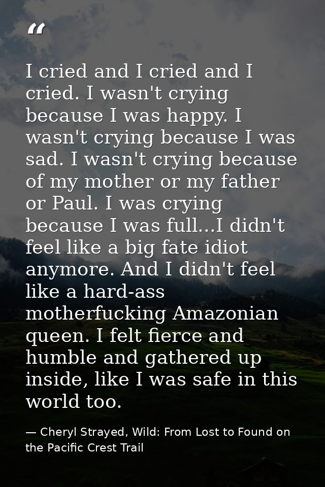 I cried and I cried and I cried. I wasn't crying because I was happy. I wasn't crying because I was sad. I wasn't crying — Cheryl Strayed, Wild: From Lost to Found on the Pacific Crest Trail