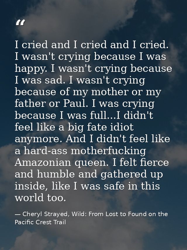 I cried and I cried and I cried. I wasn't crying because I was happy. I wasn't crying because I was sad. I wasn't crying — Cheryl Strayed, Wild: From Lost to Found on the Pacific Crest Trail