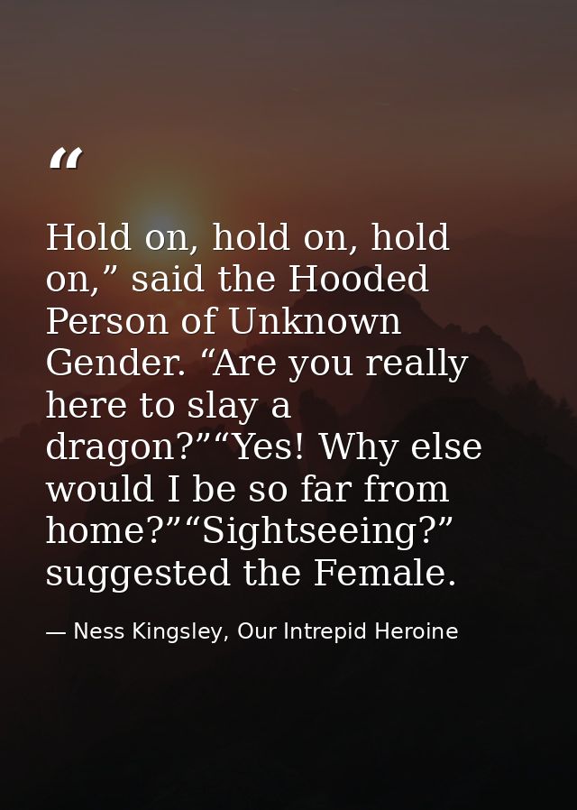 Hold on, hold on, hold on,” said the Hooded Person of Unknown Gender. “Are you really here to slay a dragon?”“Yes! Why e — Ness Kingsley, Our Intrepid Heroine