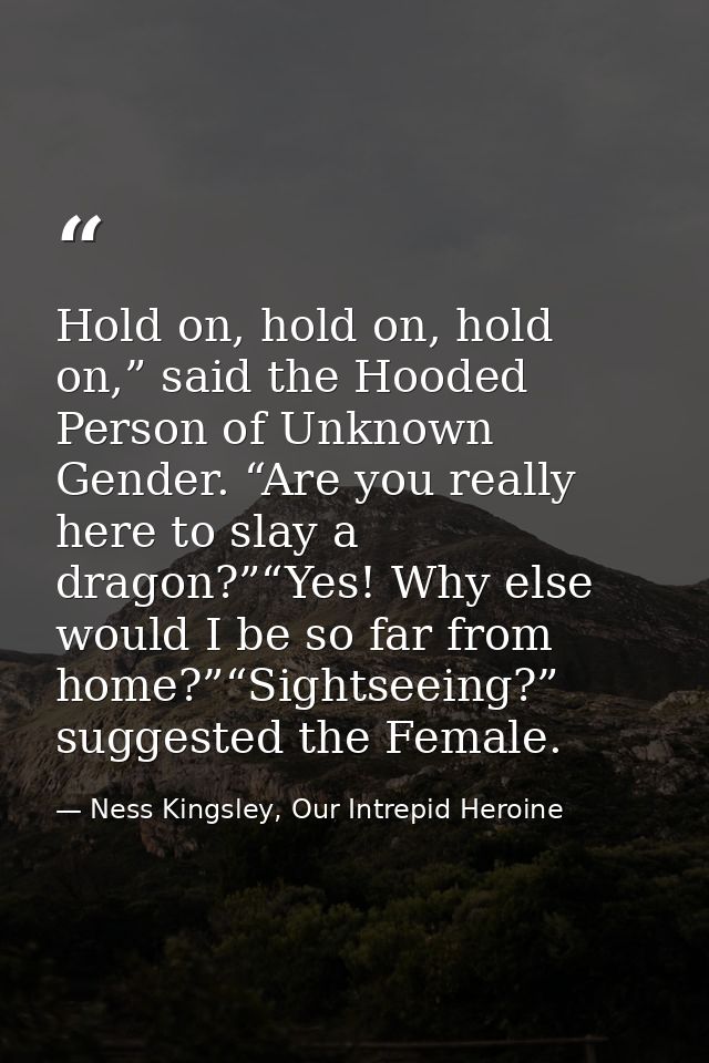 Hold on, hold on, hold on,” said the Hooded Person of Unknown Gender. “Are you really here to slay a dragon?”“Yes! Why e — Ness Kingsley, Our Intrepid Heroine