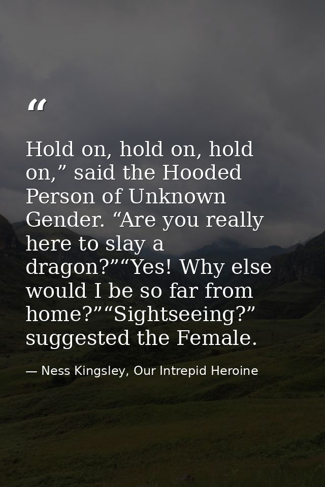 Hold on, hold on, hold on,” said the Hooded Person of Unknown Gender. “Are you really here to slay a dragon?”“Yes! Why e — Ness Kingsley, Our Intrepid Heroine