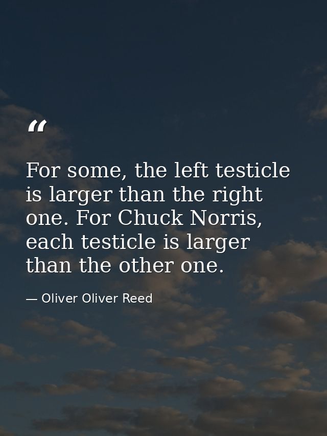 For some, the left testicle is larger than the right one. For Chuck Norris, each testicle is larger than the other one. — Oliver Oliver Reed