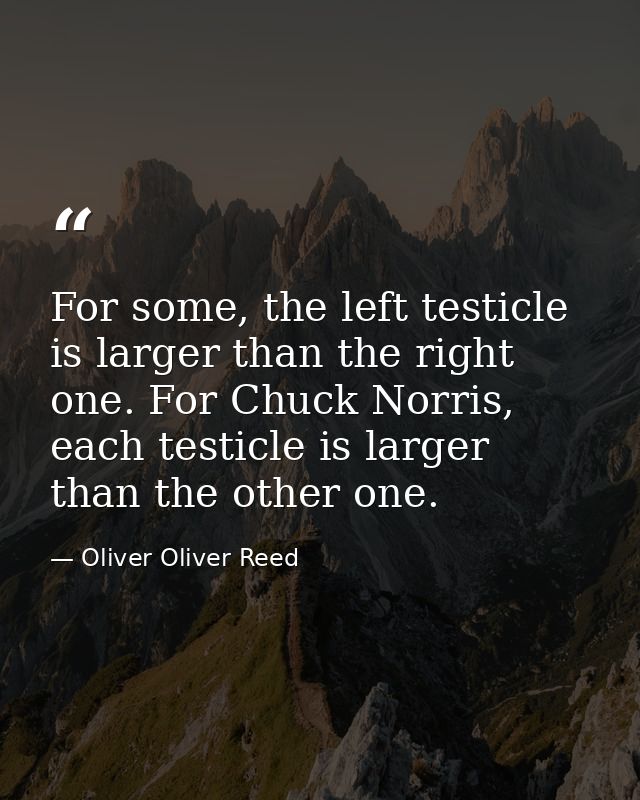 For some, the left testicle is larger than the right one. For Chuck Norris, each testicle is larger than the other one. — Oliver Oliver Reed