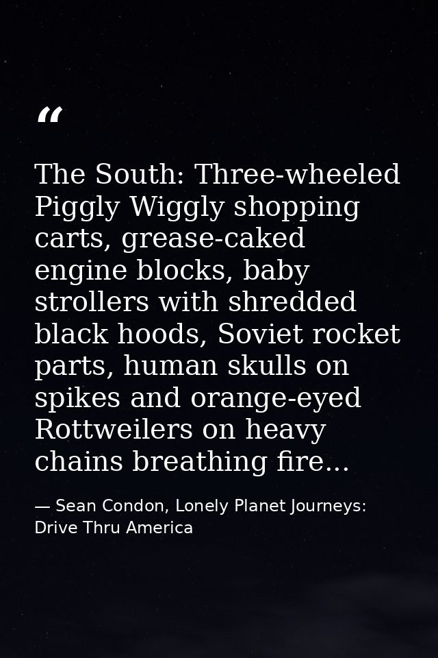 The South: Three-wheeled Piggly Wiggly shopping carts, grease-caked engine blocks, baby strollers with shredded black ho — Sean Condon, Lonely Planet Journeys: Drive Thru America