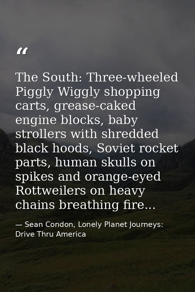 The South: Three-wheeled Piggly Wiggly shopping carts, grease-caked engine blocks, baby strollers with shredded black ho — Sean Condon, Lonely Planet Journeys: Drive Thru America