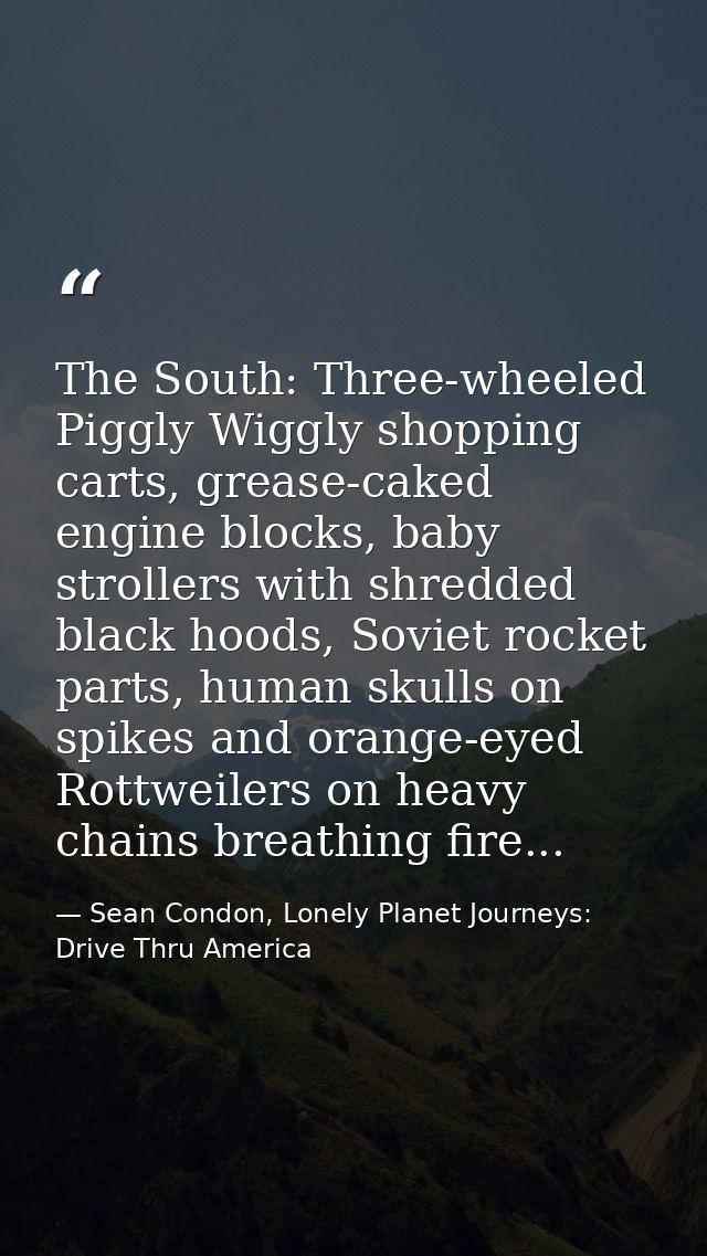 The South: Three-wheeled Piggly Wiggly shopping carts, grease-caked engine blocks, baby strollers with shredded black ho — Sean Condon, Lonely Planet Journeys: Drive Thru America