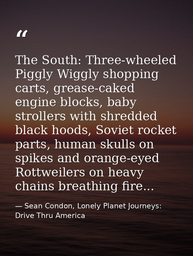 The South: Three-wheeled Piggly Wiggly shopping carts, grease-caked engine blocks, baby strollers with shredded black ho — Sean Condon, Lonely Planet Journeys: Drive Thru America