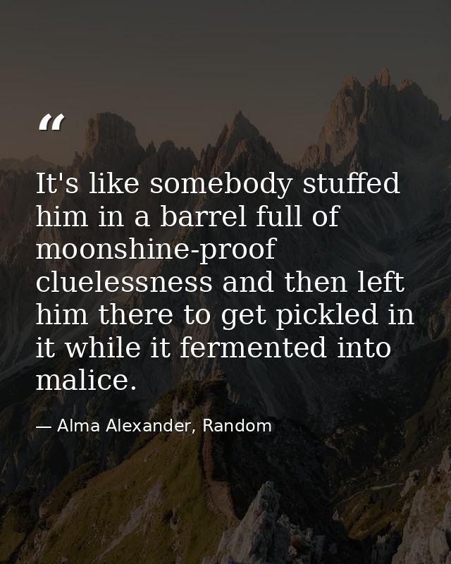 It's like somebody stuffed him in a barrel full of moonshine-proof cluelessness and then left him there to get pickled i — Alma Alexander, Random