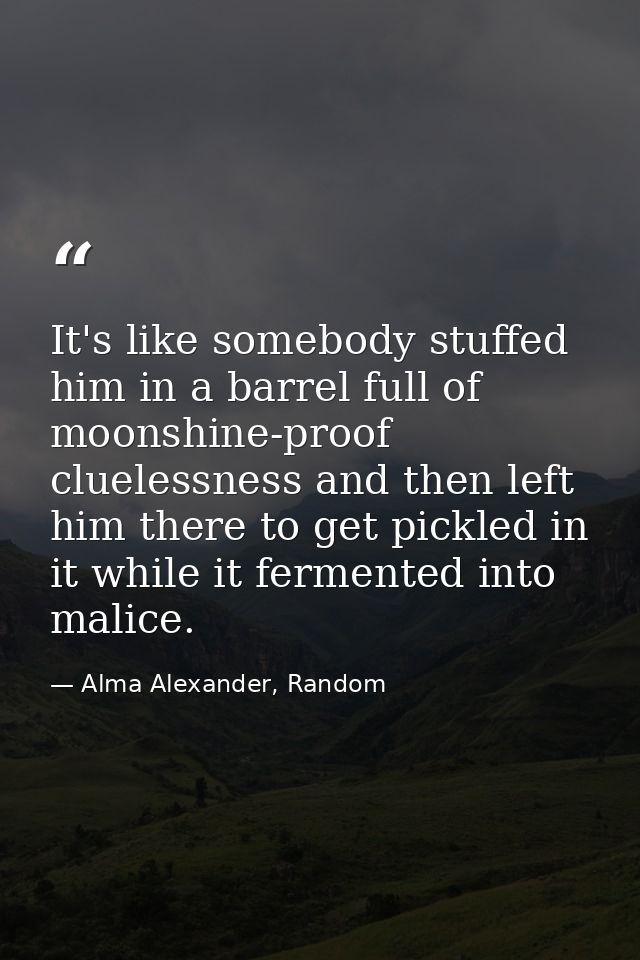 It's like somebody stuffed him in a barrel full of moonshine-proof cluelessness and then left him there to get pickled i — Alma Alexander, Random