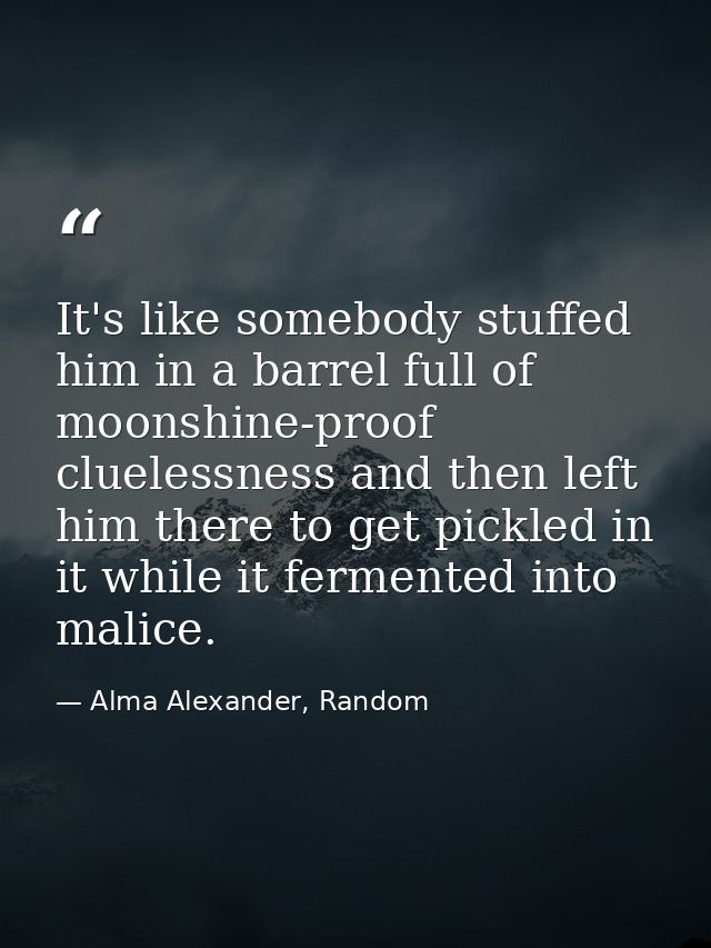 It's like somebody stuffed him in a barrel full of moonshine-proof cluelessness and then left him there to get pickled i — Alma Alexander, Random