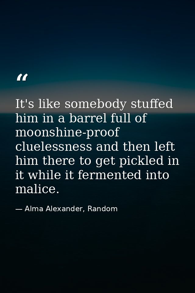 It's like somebody stuffed him in a barrel full of moonshine-proof cluelessness and then left him there to get pickled i — Alma Alexander, Random