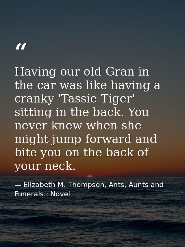 Having our old Gran in the car was like having a cranky 'Tassie Tiger' sitting in the back. You never knew when she migh — Elizabeth M. Thompson, Ants, Aunts and Funerals.: Novel
