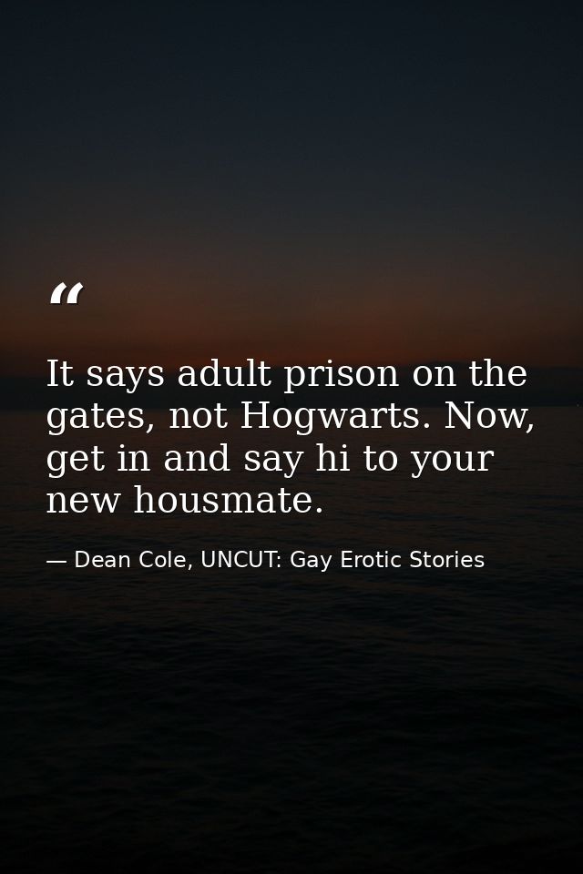 It says adult prison on the gates, not Hogwarts. Now, get in and say hi to your new housmate. — Dean Cole, UNCUT: Gay Erotic Stories