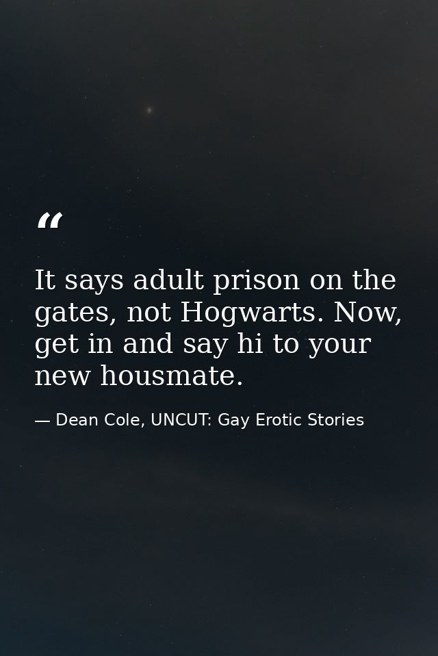 It says adult prison on the gates, not Hogwarts. Now, get in and say hi to your new housmate. — Dean Cole, UNCUT: Gay Erotic Stories
