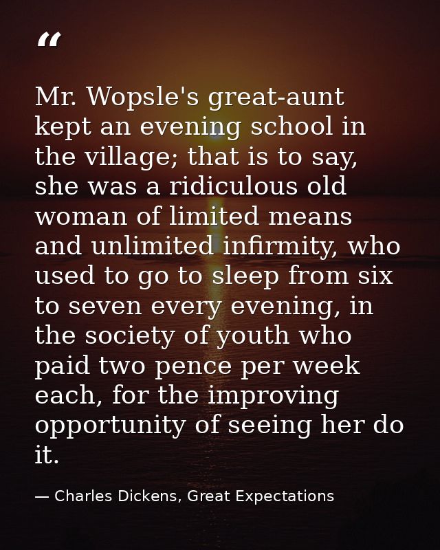 Mr. Wopsle's great-aunt kept an evening school in the village; that is to say, she was a ridiculous old woman of limited — Charles Dickens, Great Expectations