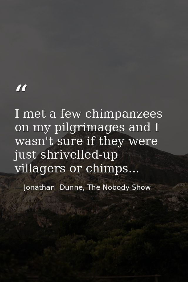 I met a few chimpanzees on my pilgrimages and I wasn't sure if they were just shrivelled-up villagers or chimps... — Jonathan  Dunne, The Nobody Show