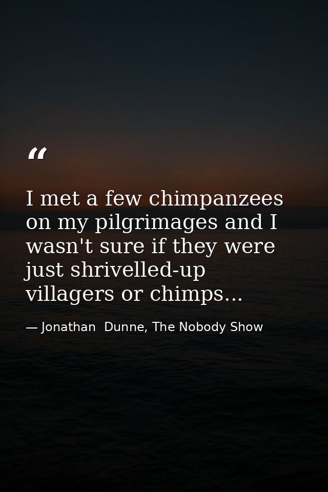 I met a few chimpanzees on my pilgrimages and I wasn't sure if they were just shrivelled-up villagers or chimps... — Jonathan  Dunne, The Nobody Show
