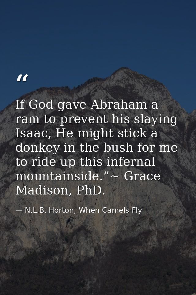 If God gave Abraham a ram to prevent his slaying Isaac, He might stick a donkey in the bush for me to ride up this infer — N.L.B. Horton, When Camels Fly