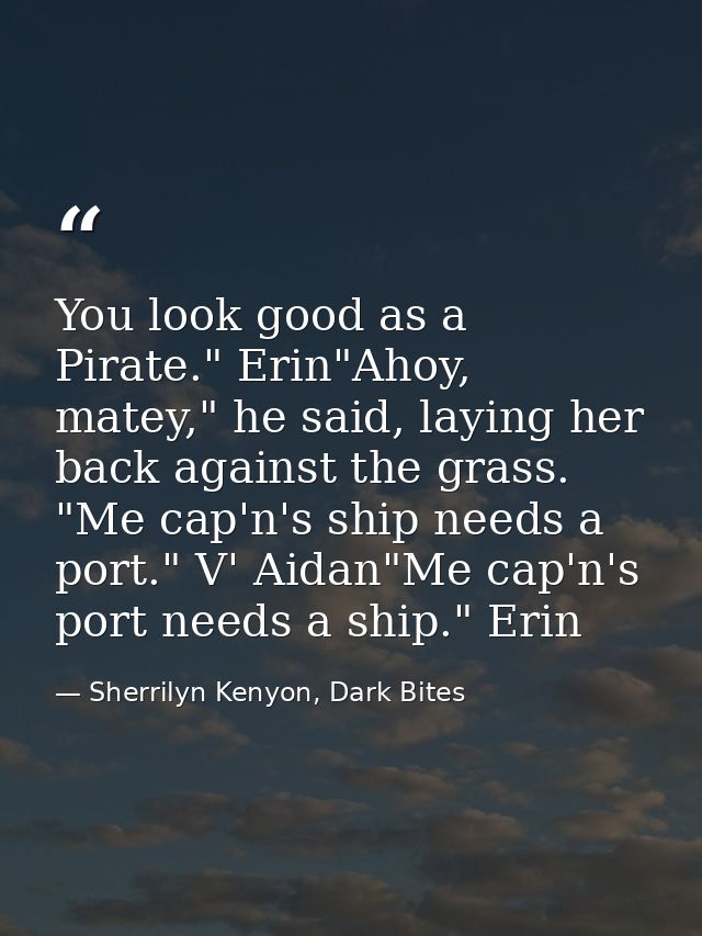 You look good as a Pirate." Erin"Ahoy, matey," he said, laying her back against the grass. "Me cap'n's ship needs a port — Sherrilyn Kenyon, Dark Bites