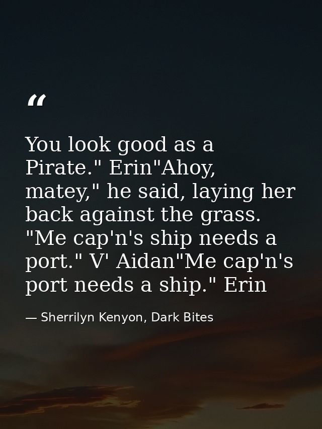 You look good as a Pirate." Erin"Ahoy, matey," he said, laying her back against the grass. "Me cap'n's ship needs a port — Sherrilyn Kenyon, Dark Bites