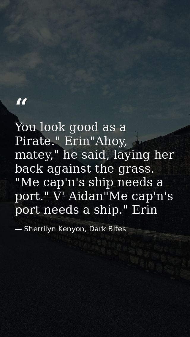You look good as a Pirate." Erin"Ahoy, matey," he said, laying her back against the grass. "Me cap'n's ship needs a port — Sherrilyn Kenyon, Dark Bites