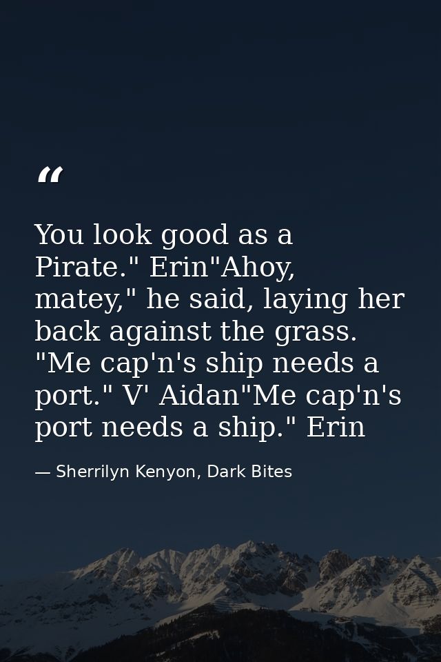 You look good as a Pirate." Erin"Ahoy, matey," he said, laying her back against the grass. "Me cap'n's ship needs a port — Sherrilyn Kenyon, Dark Bites