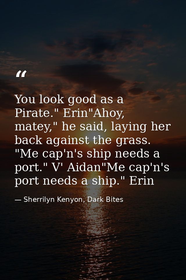 You look good as a Pirate." Erin"Ahoy, matey," he said, laying her back against the grass. "Me cap'n's ship needs a port — Sherrilyn Kenyon, Dark Bites