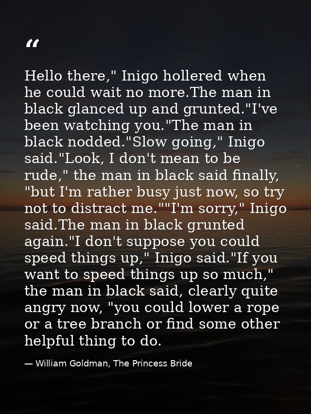 Hello there," Inigo hollered when he could wait no more.The man in black glanced up and grunted."I've been watching you. — William Goldman, The Princess Bride