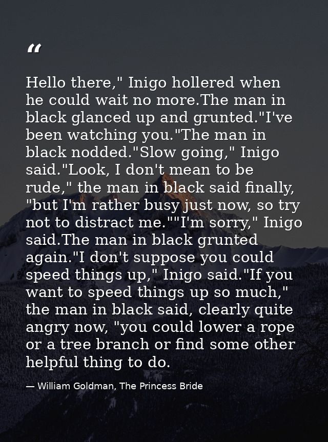 Hello there," Inigo hollered when he could wait no more.The man in black glanced up and grunted."I've been watching you. — William Goldman, The Princess Bride