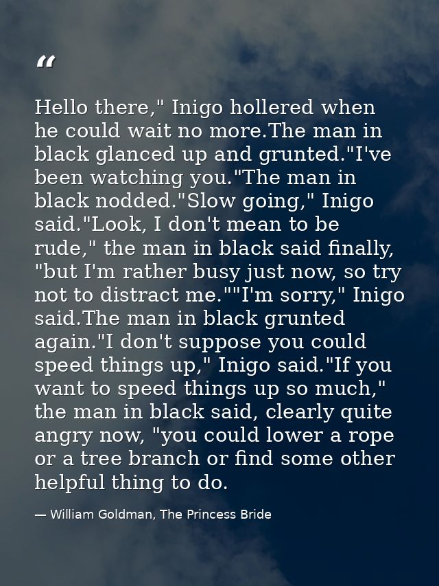 Hello there," Inigo hollered when he could wait no more.The man in black glanced up and grunted."I've been watching you. — William Goldman, The Princess Bride