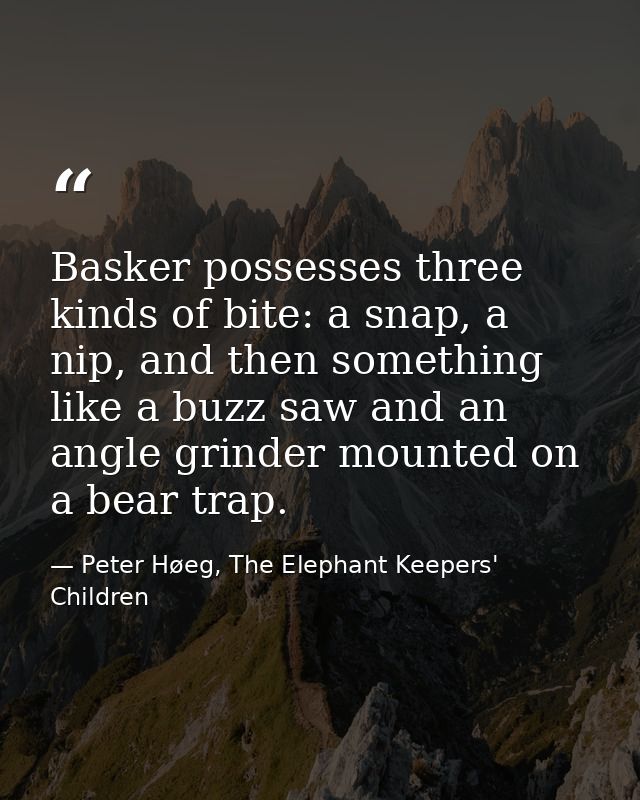Basker possesses three kinds of bite: a snap, a nip, and then something like a buzz saw and an angle grinder mounted on  — Peter Høeg, The Elephant Keepers' Children