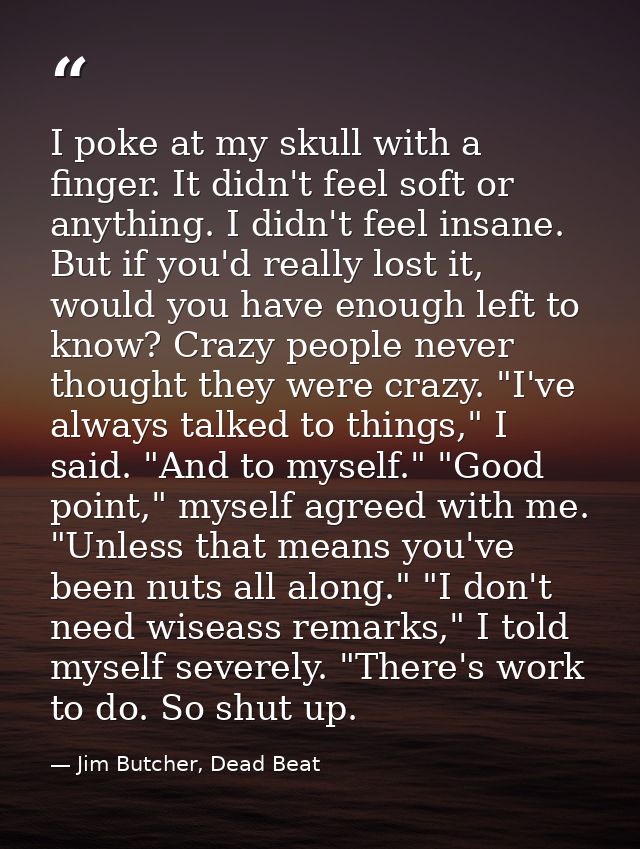 I poke at my skull with a finger. It didn't feel soft or anything. I didn't feel insane. But if you'd really lost it, wo — Jim Butcher, Dead Beat