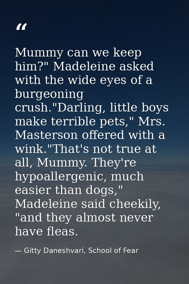 Mummy can we keep him?" Madeleine asked with the wide eyes of a burgeoning crush."Darling, little boys make terrible pet — Gitty Daneshvari, School of Fear
