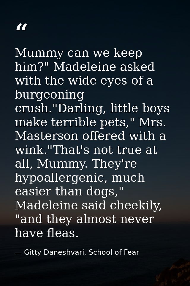 Mummy can we keep him?" Madeleine asked with the wide eyes of a burgeoning crush."Darling, little boys make terrible pet — Gitty Daneshvari, School of Fear