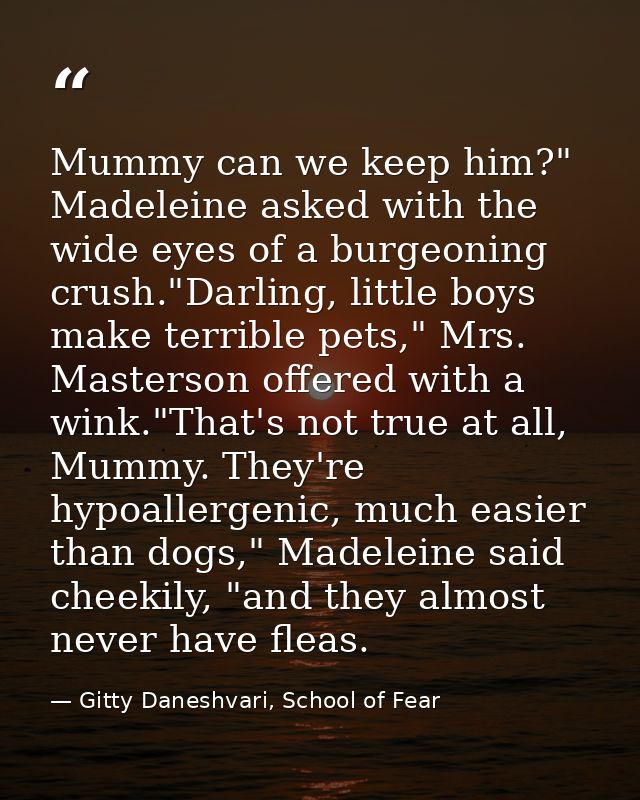 Mummy can we keep him?" Madeleine asked with the wide eyes of a burgeoning crush."Darling, little boys make terrible pet — Gitty Daneshvari, School of Fear